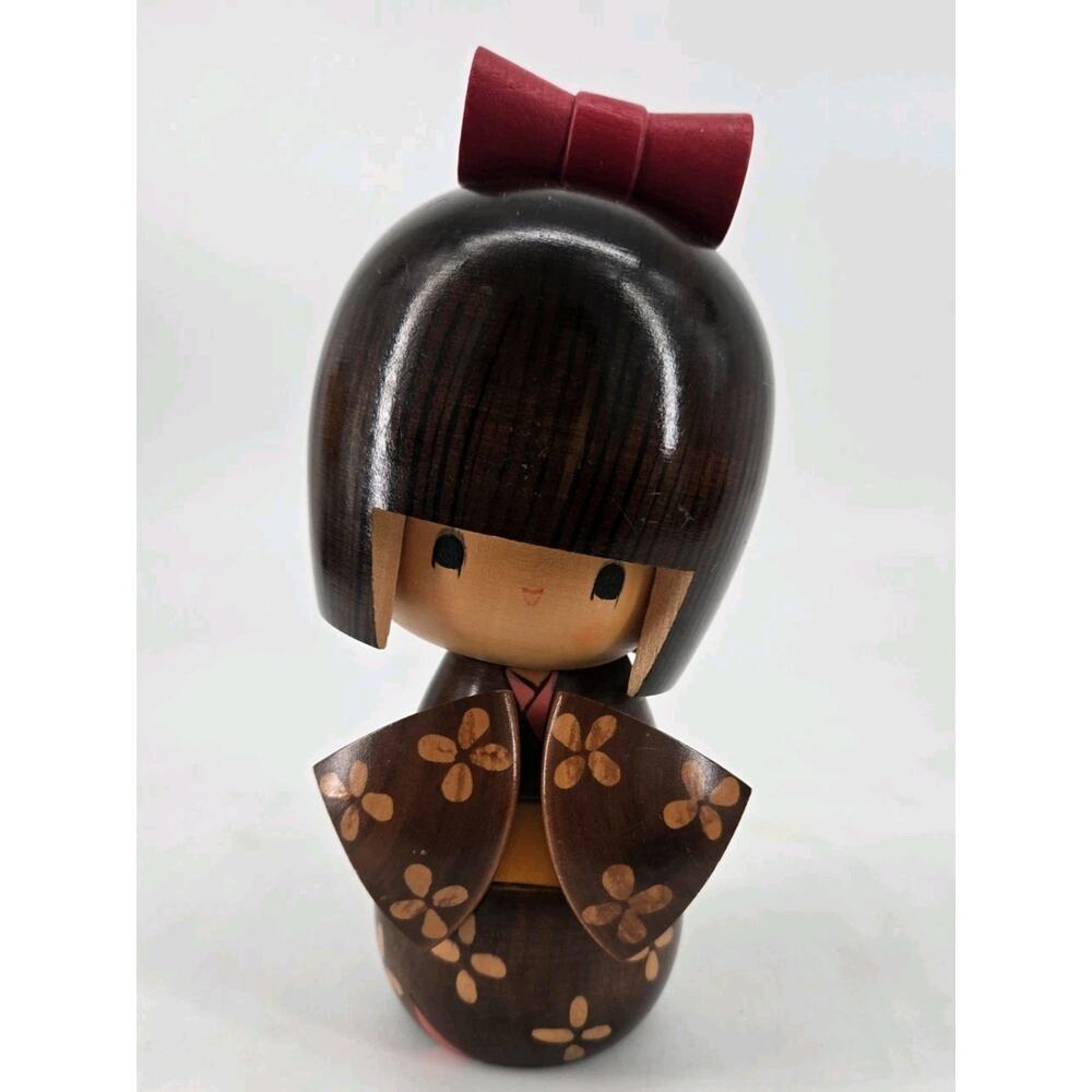 Vtg 80s Japanese Wooden Kindai Kokeshi Artist Tomio Signed Kimono Doll Japandi